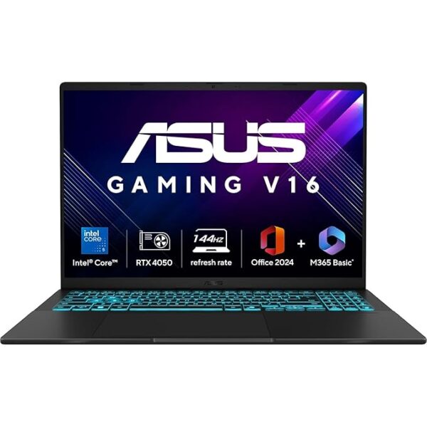 asus gaming v16 (2025) with office 2024 + m365 basic*, ai pc, intel core 5 210h(16gb ram/512gb ssd/windows 11 home/6gb graphics/rtx 4050/144 hz)gaming laptop (16", matte black,1.95 kg),v3607vu rp550ws